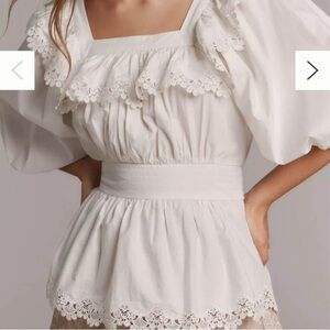 Anthropologie Maeve Peplum White Lace Eyelet Blouse
